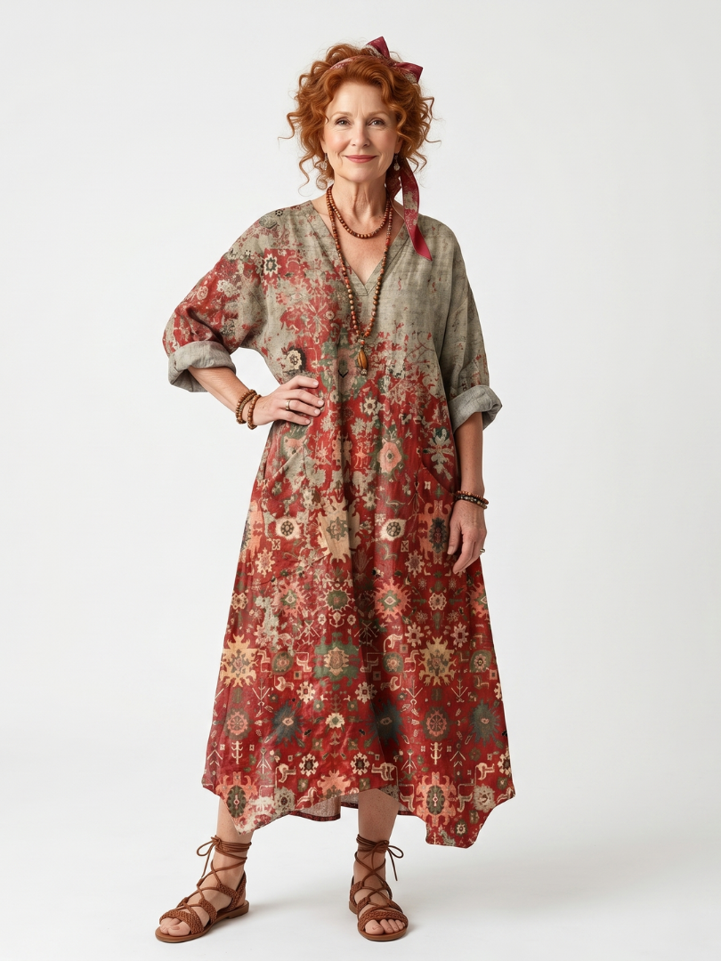 Saffron Mixed Pattern Midi Dress