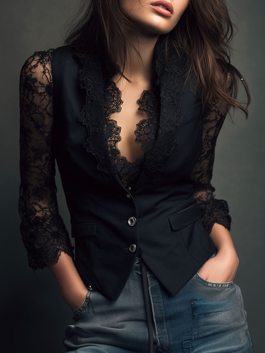 Noemie Sheer-Sleeve Blazer Top