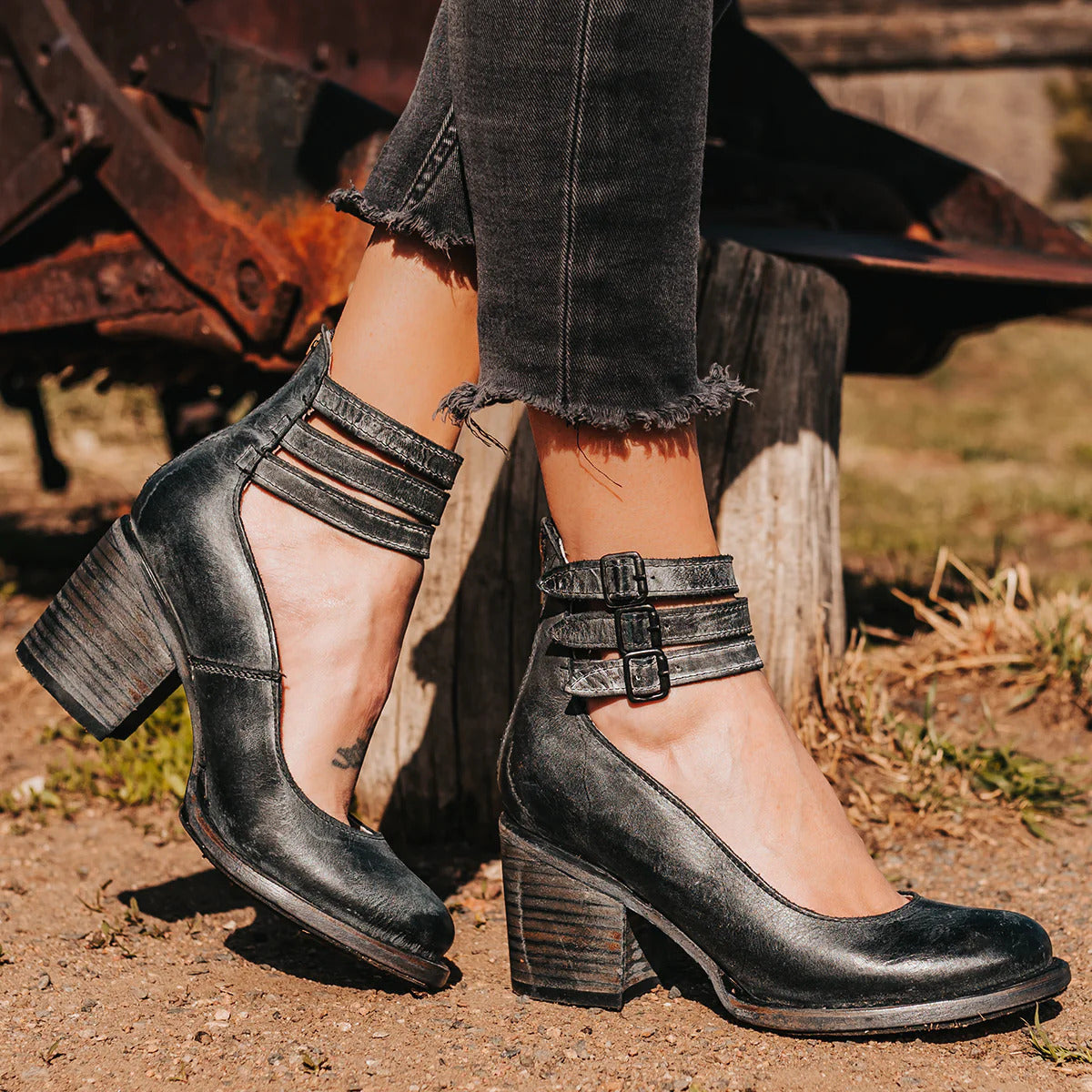 Sienna Triple-Buckle Leather Heel
