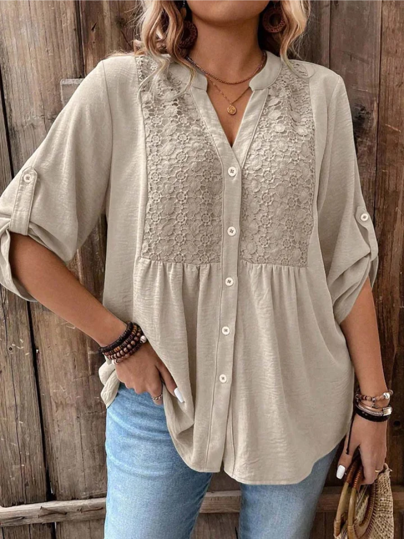 Tara | Lace Panel Button-Down Blouse