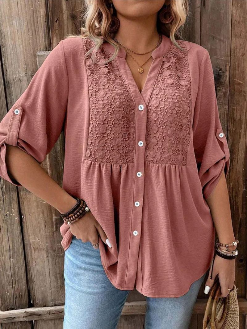 Tara | Lace Panel Button-Down Blouse