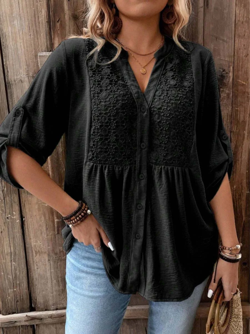 Tara | Lace Panel Button-Down Blouse