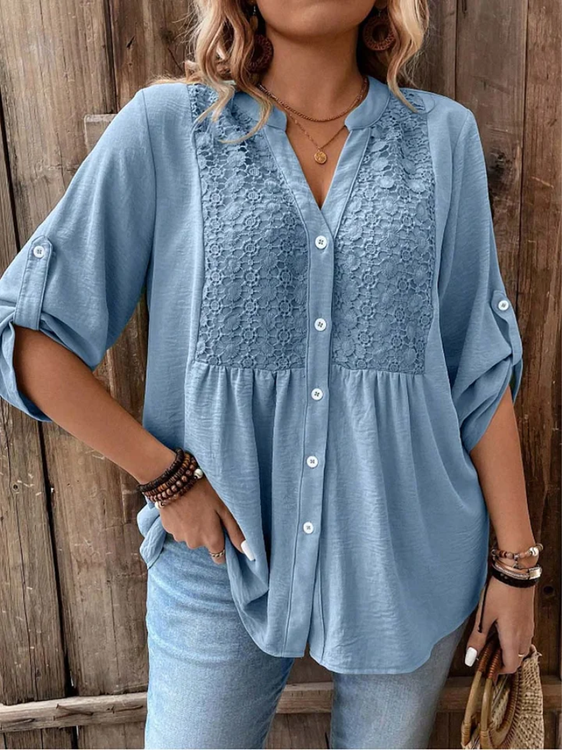 Tara | Lace Panel Button-Down Blouse