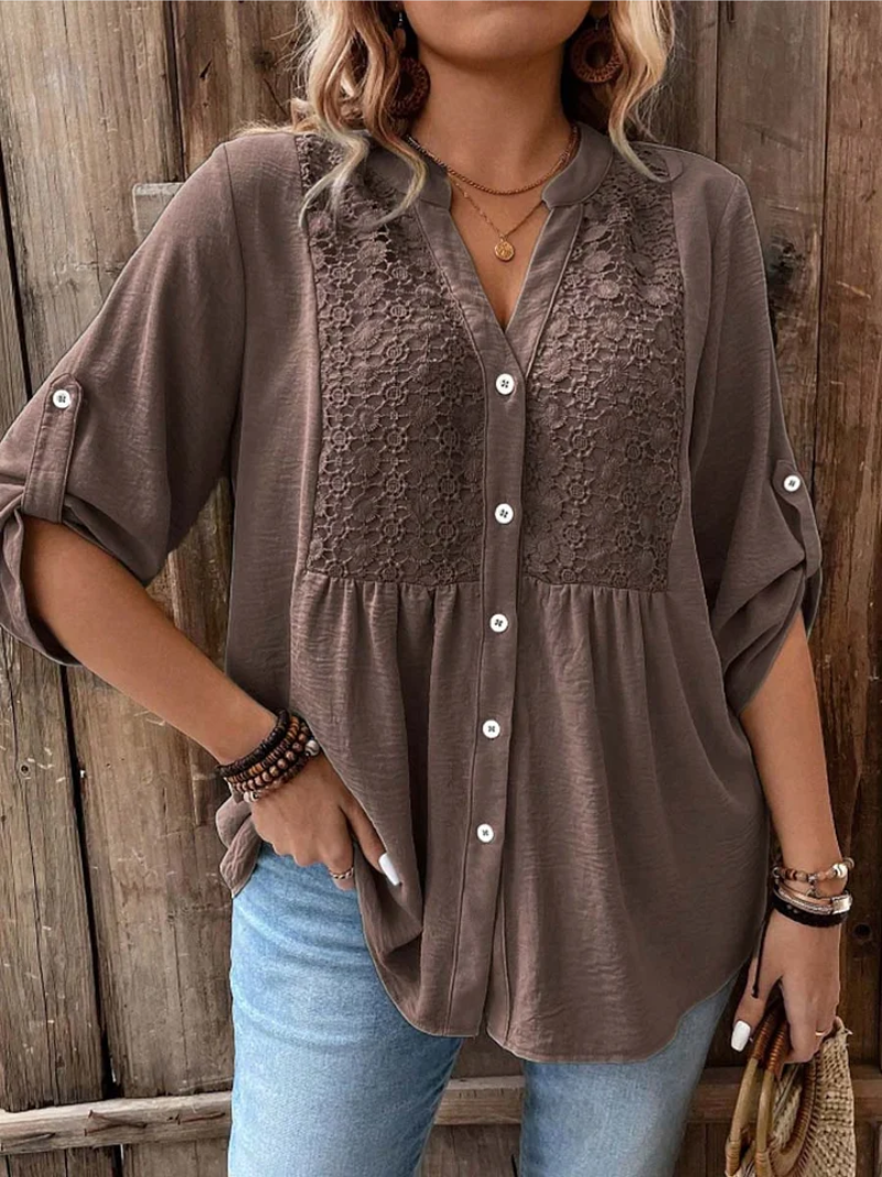 Tara | Lace Panel Button-Down Blouse