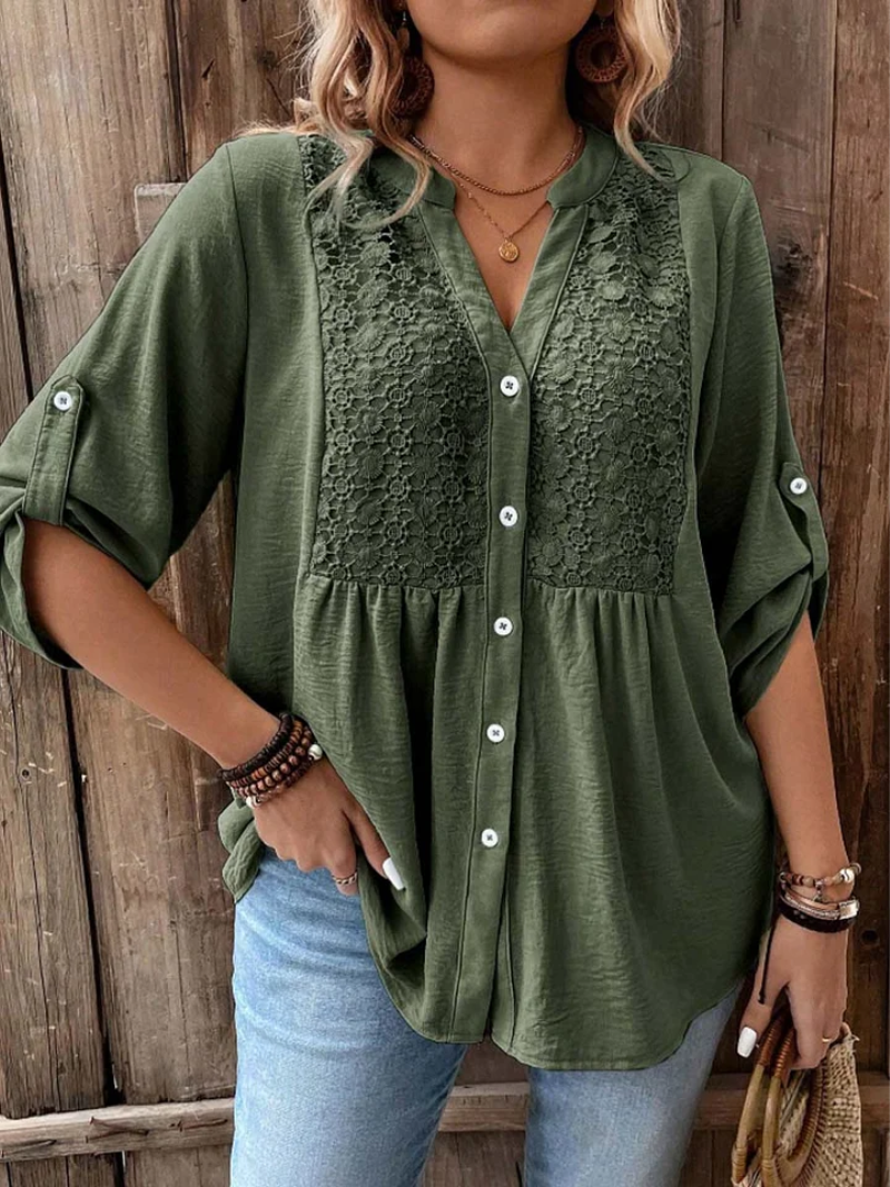 Tara | Lace Panel Button-Down Blouse