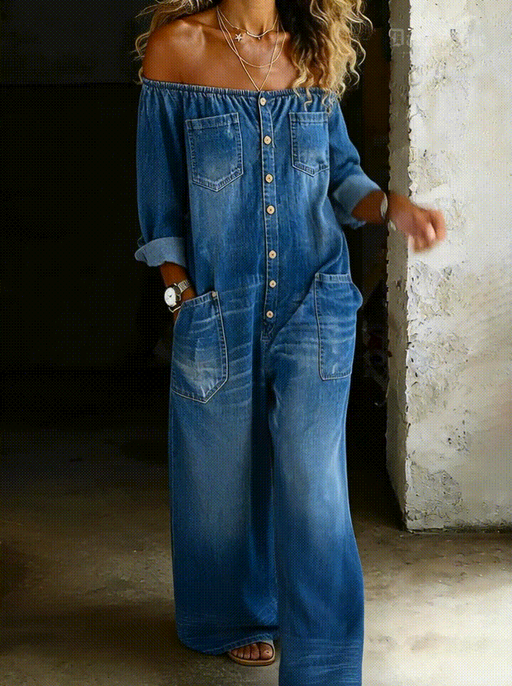 Elena Bare-Shoulder Denim Jumpsuit