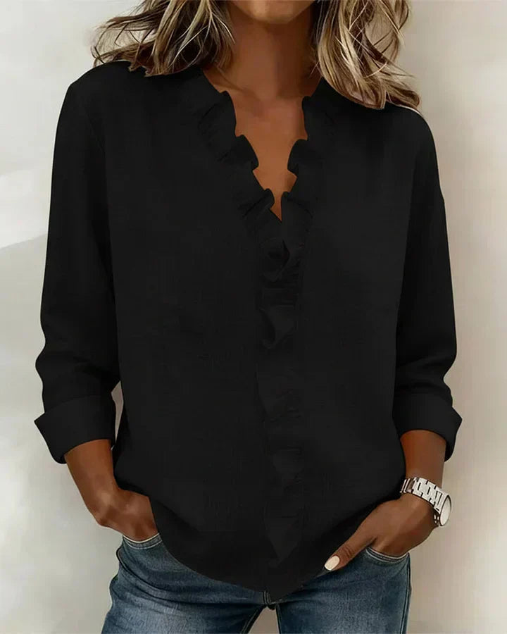 Indie | Blouse with Ruffles V-Neck and Long Sleeves
