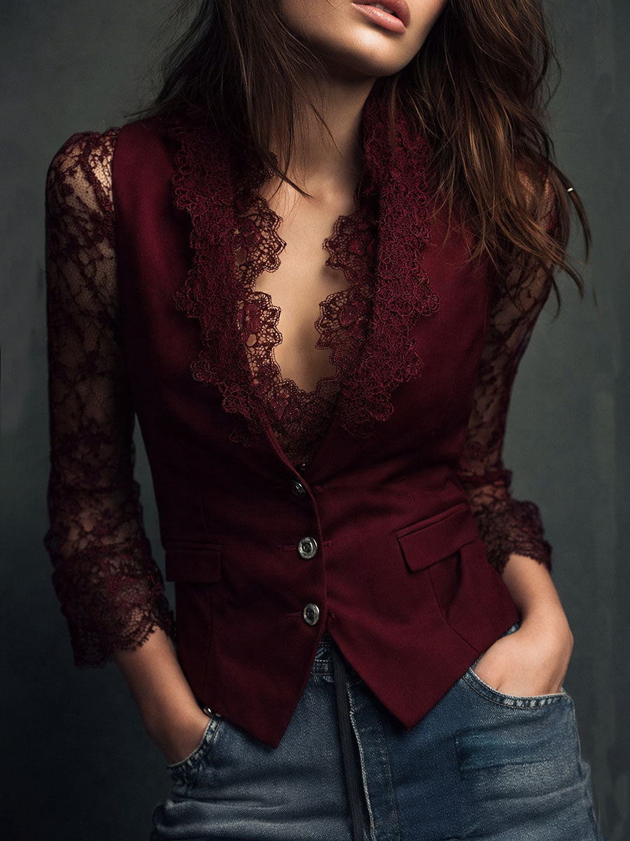 Noemie Sheer-Sleeve Blazer Top