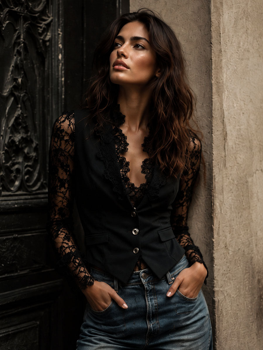 Noemie Sheer-Sleeve Blazer Top