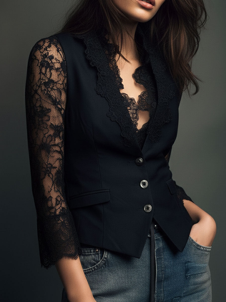 Noemie Sheer-Sleeve Blazer Top