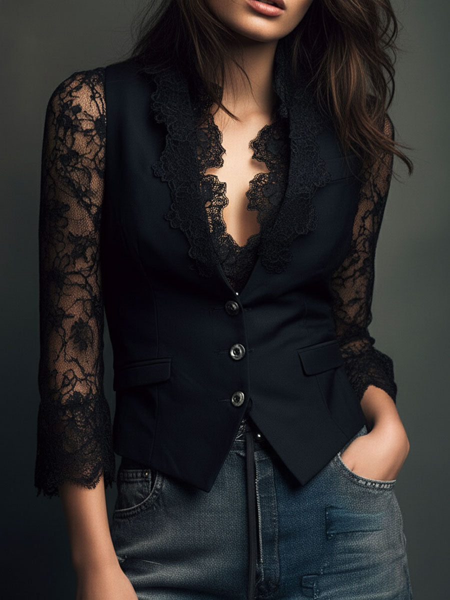 Noemie Sheer-Sleeve Blazer Top