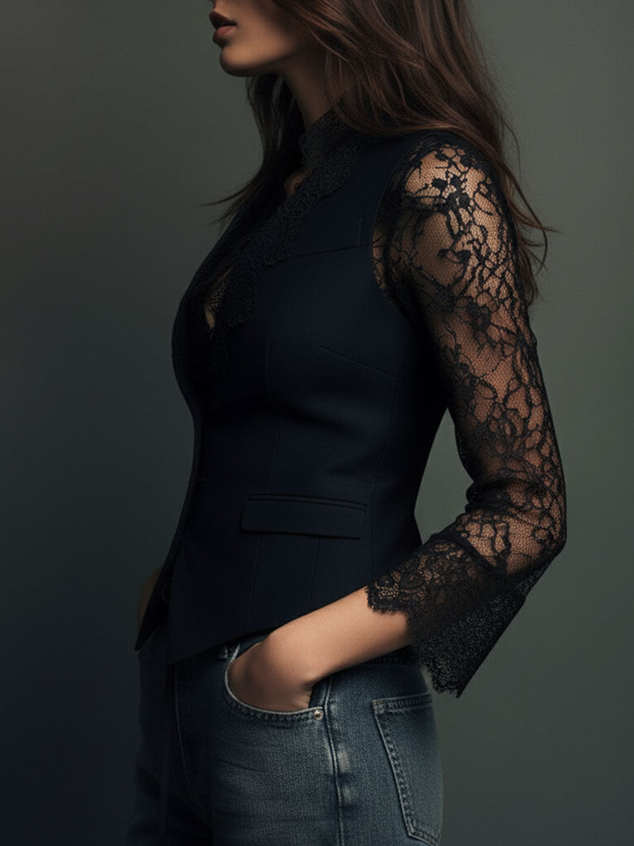 Noemie Sheer-Sleeve Blazer Top