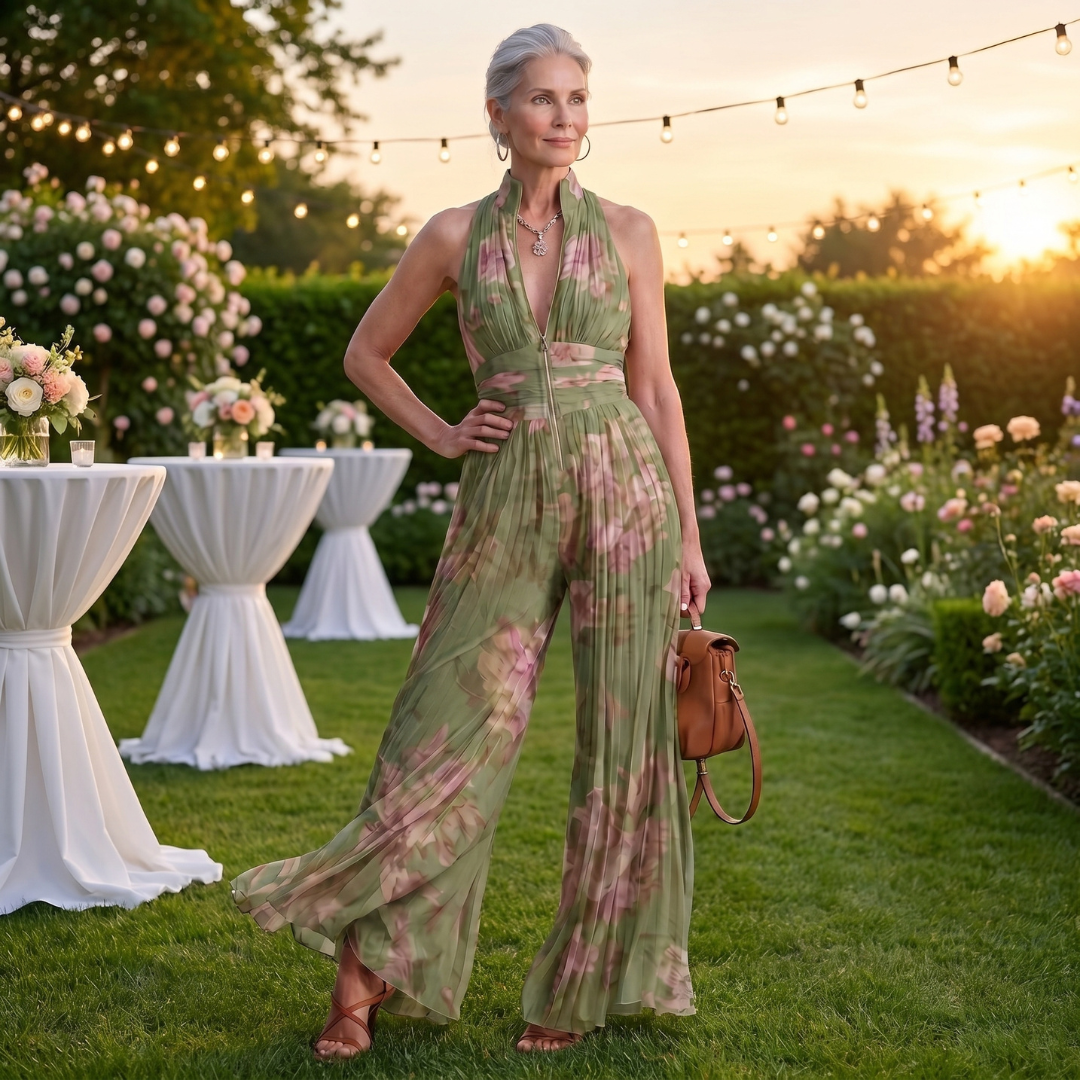 Fuchsia Floral Pleated Chiffon Jumpsuit
