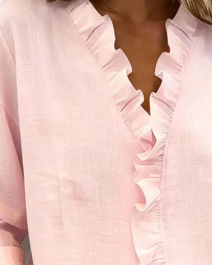 Indie | Blouse with Ruffles V-Neck and Long Sleeves