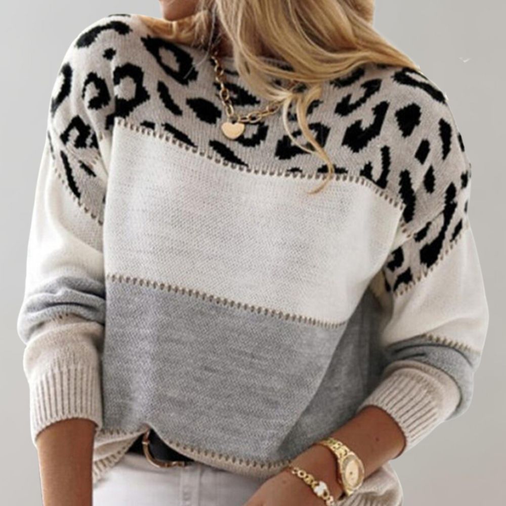 Viola | Women's Soft Knit Sweater with Color Block and Leopard Print