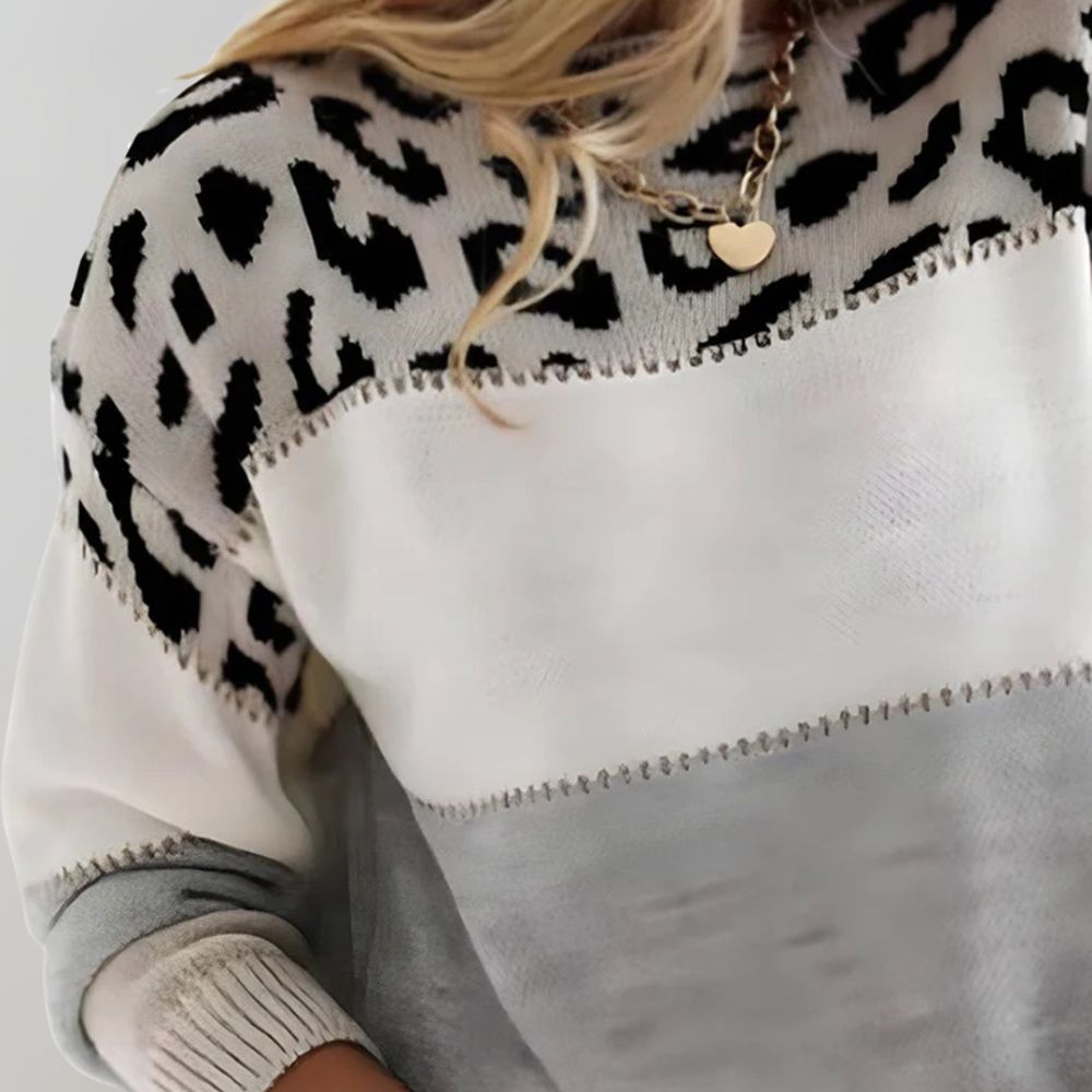 Viola | Women's Soft Knit Sweater with Color Block and Leopard Print
