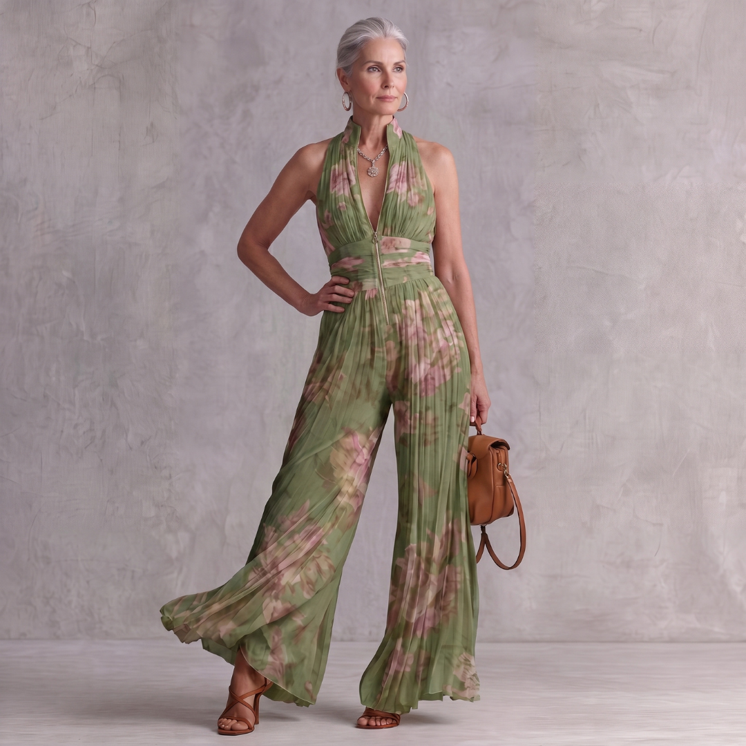 Fuchsia Floral Pleated Chiffon Jumpsuit