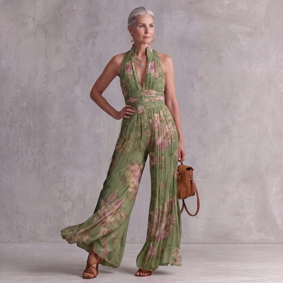 Fuchsia Floral Pleated Chiffon Jumpsuit