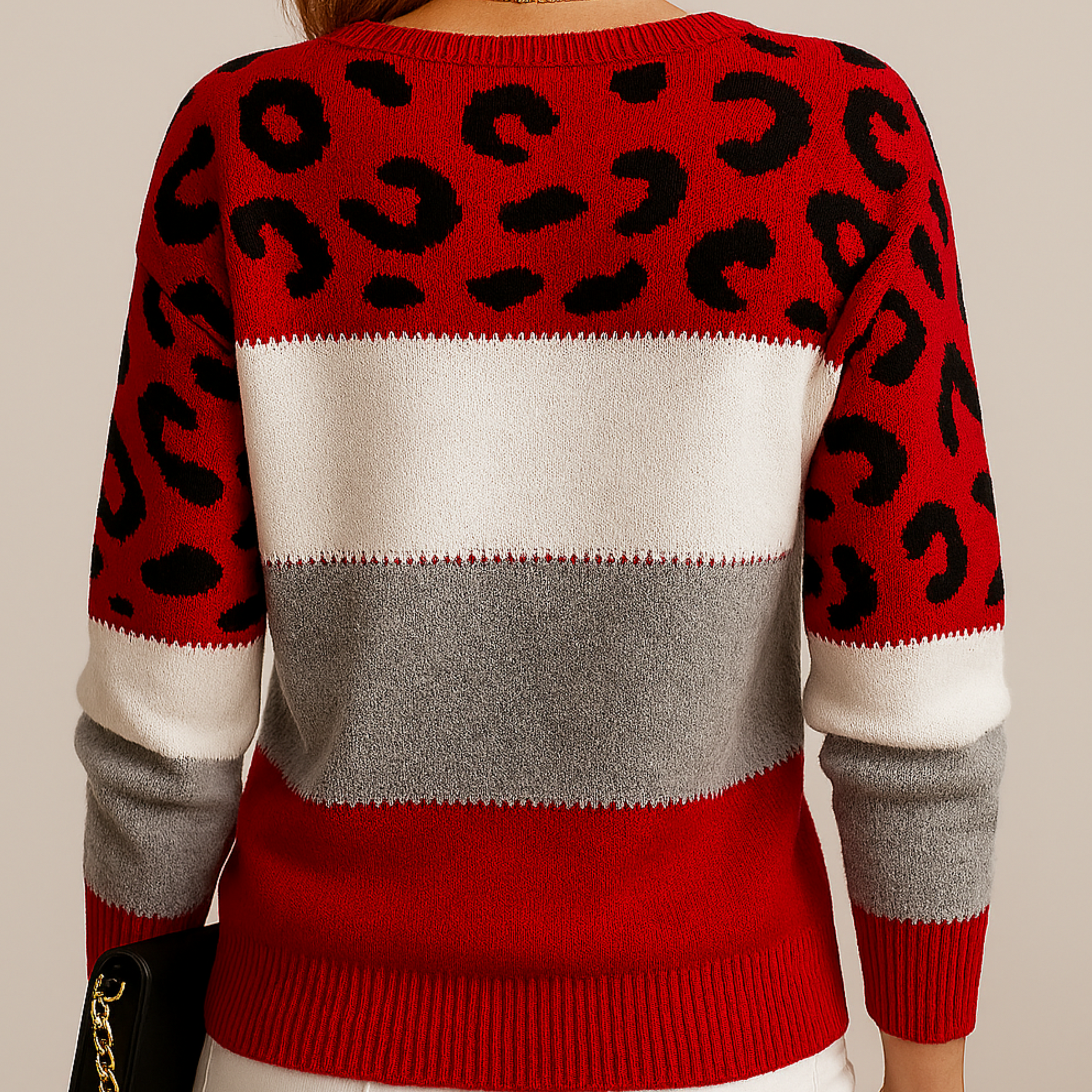 Viola | Women's Soft Knit Sweater with Color Block and Leopard Print