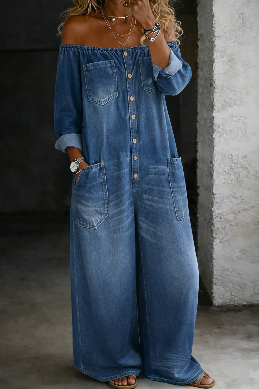 Elena Bare-Shoulder Denim Jumpsuit