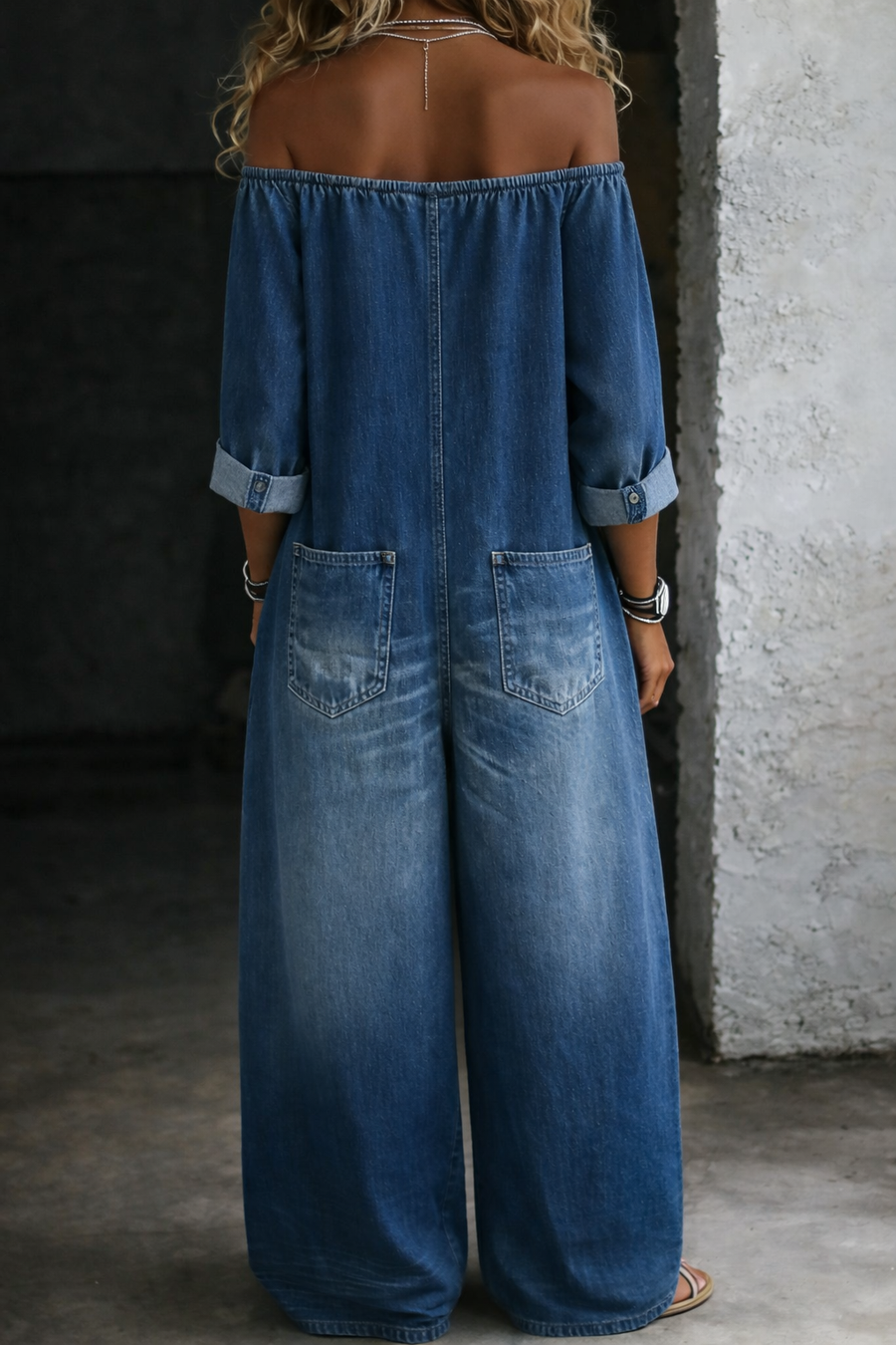 Elena Bare-Shoulder Denim Jumpsuit