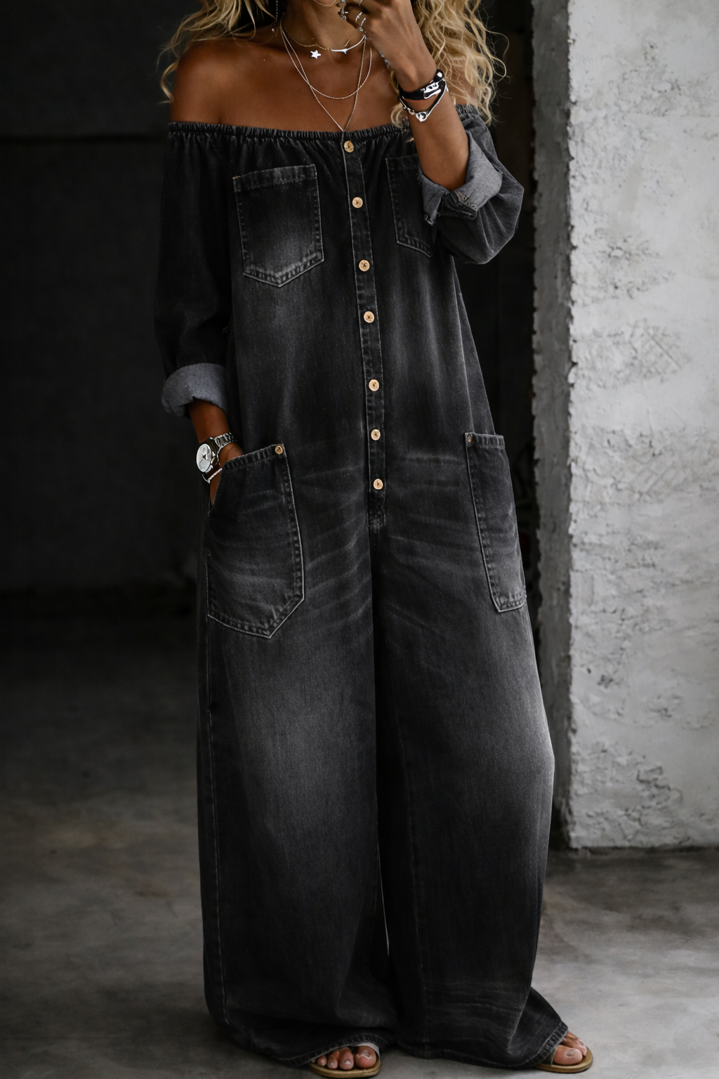 Elena Bare-Shoulder Denim Jumpsuit