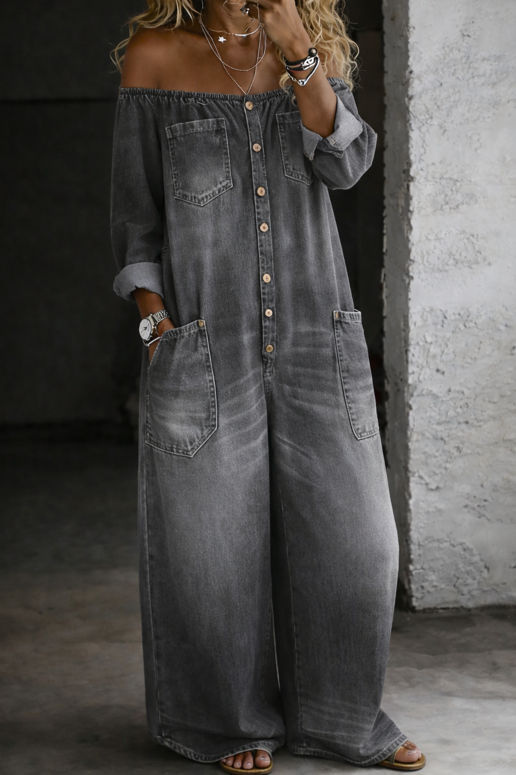 Elena Bare-Shoulder Denim Jumpsuit