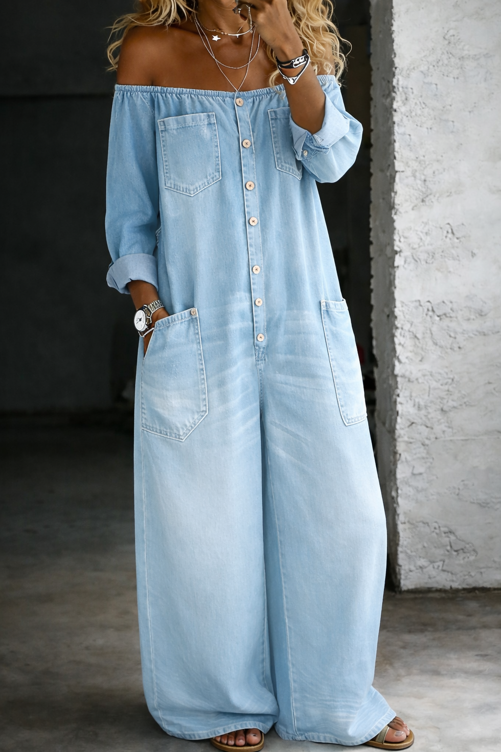 Elena Bare-Shoulder Denim Jumpsuit
