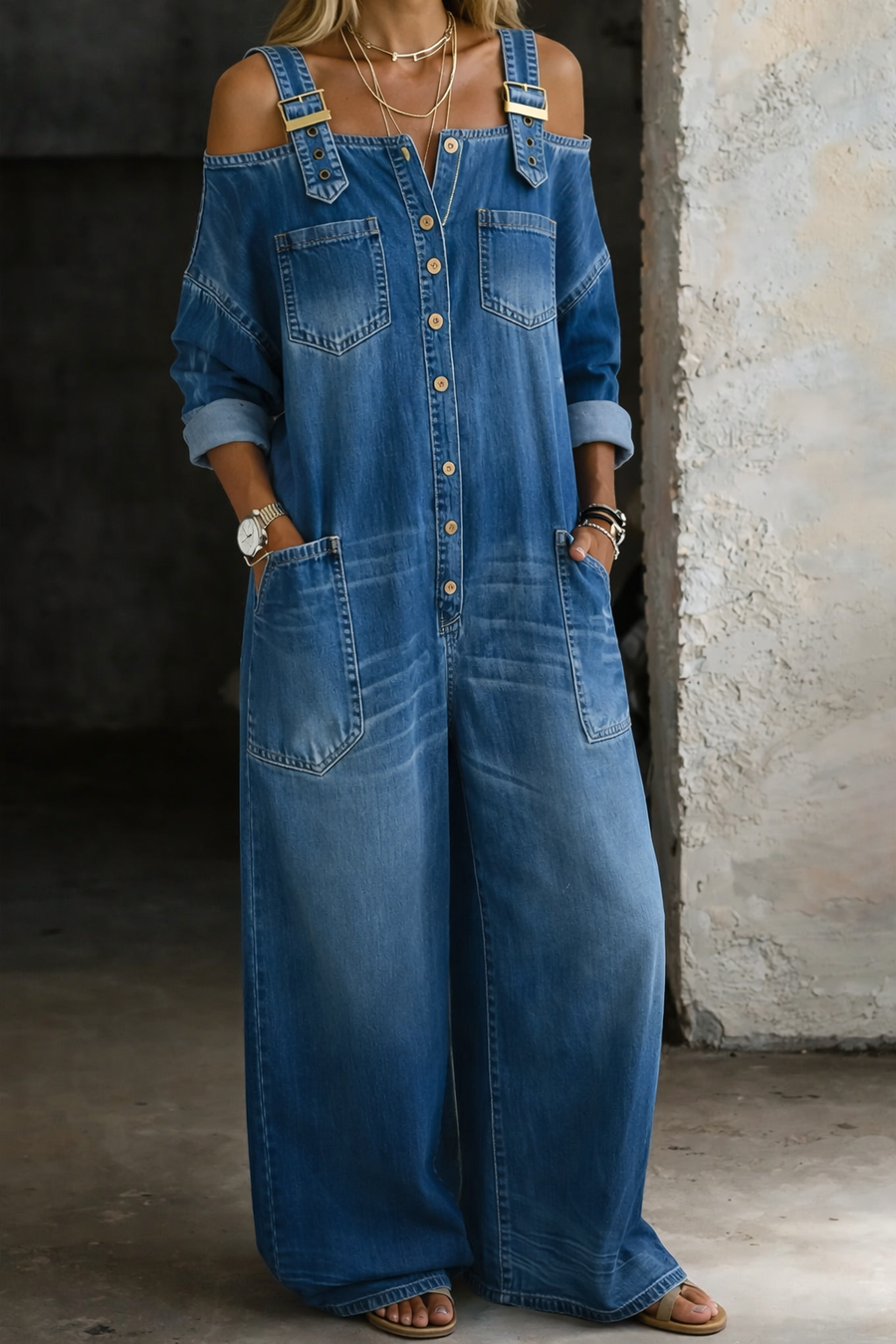 Sophia Bare-Shoulder Denim Overalls
