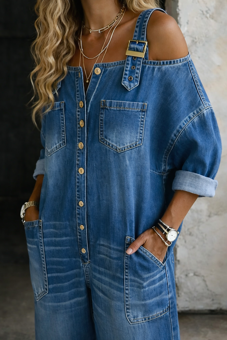 Sophia Bare-Shoulder Denim Overalls