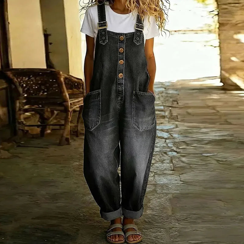 Mae | Vintage Soft Cotton Denim-Look Dungarees with Adjustable straps