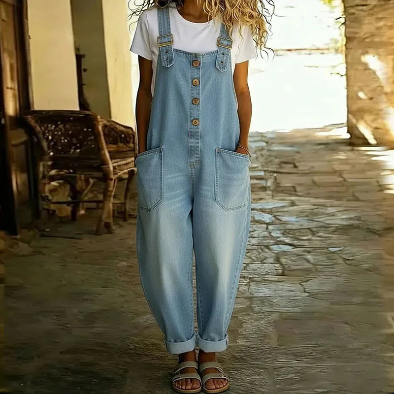 Mae | Vintage Soft Cotton Denim-Look Dungarees with Adjustable straps