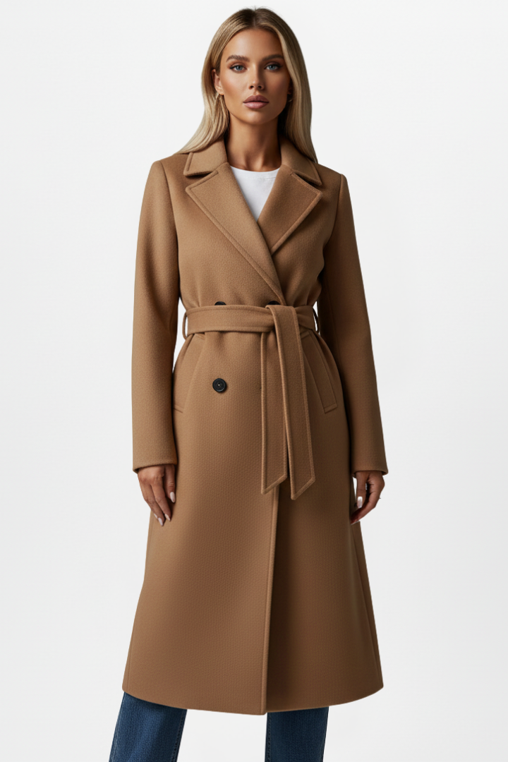 Long Coat with Belt and Double-Breasted Front