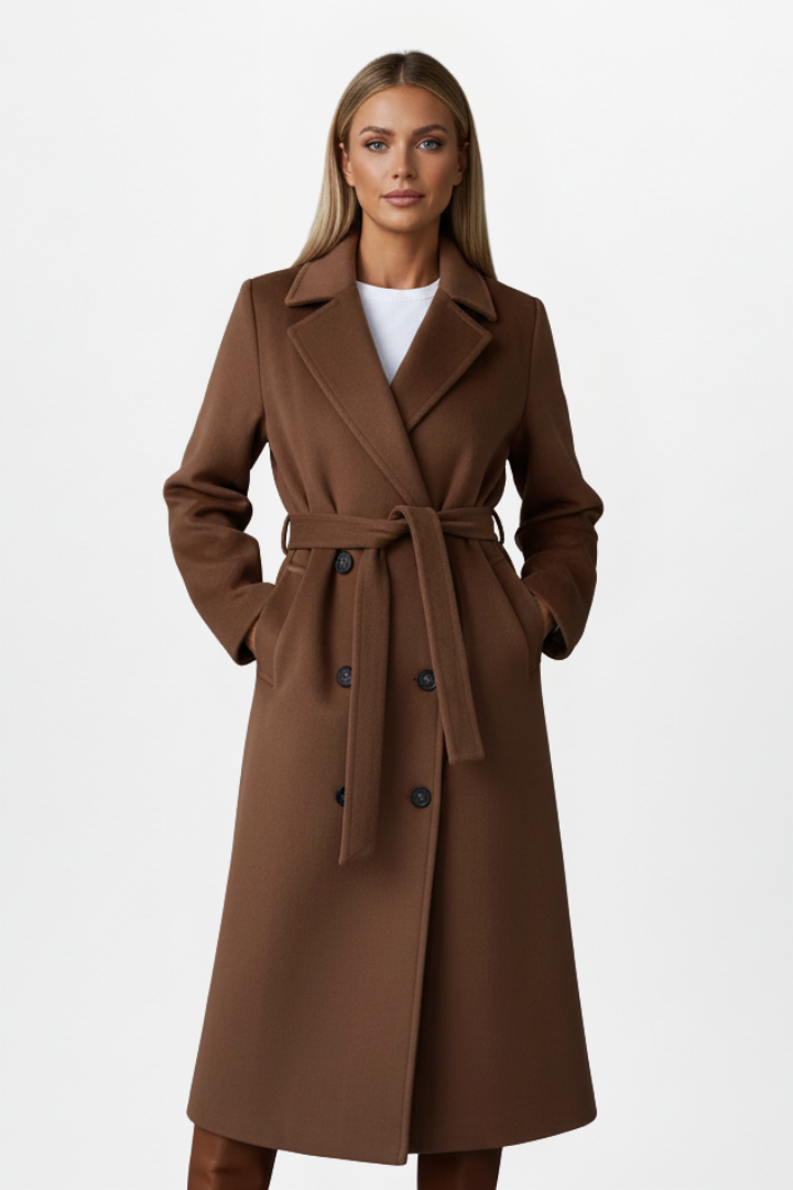 Long Coat with Belt and Double-Breasted Front