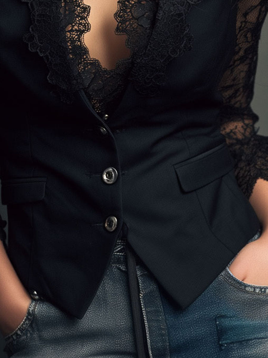 Noemie Sheer-Sleeve Blazer Top