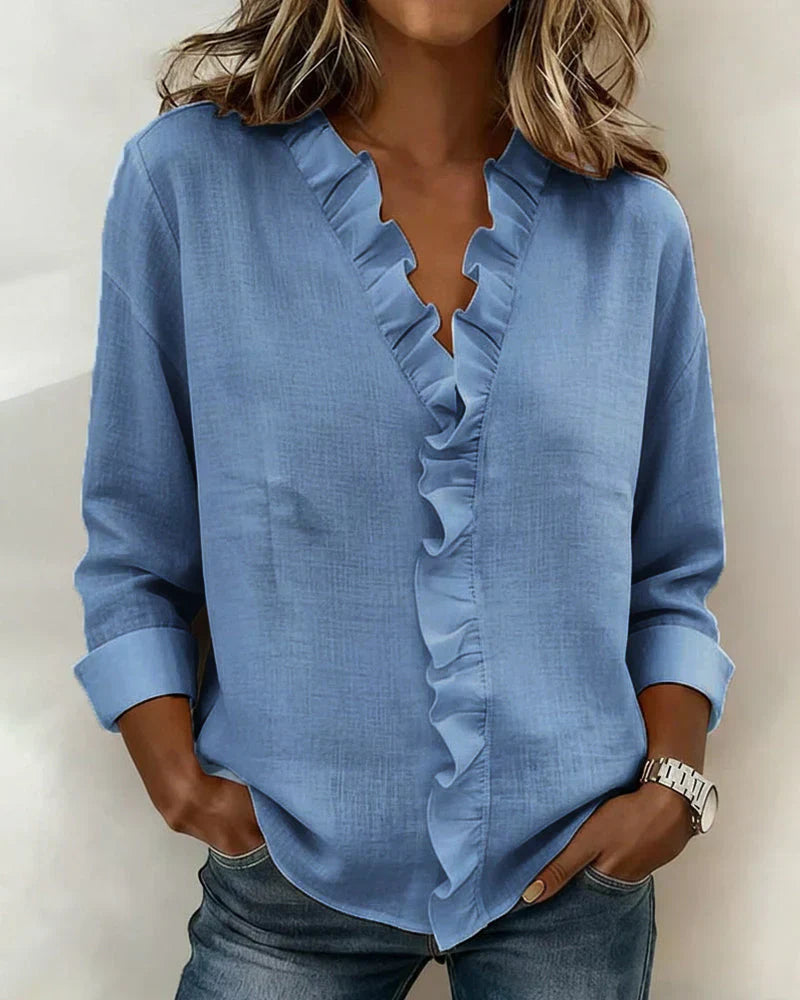 Indie | Blouse with Ruffles V-Neck and Long Sleeves