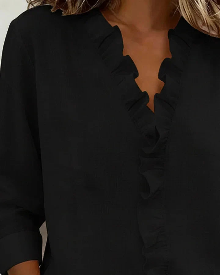 Indie | Blouse with Ruffles V-Neck and Long Sleeves