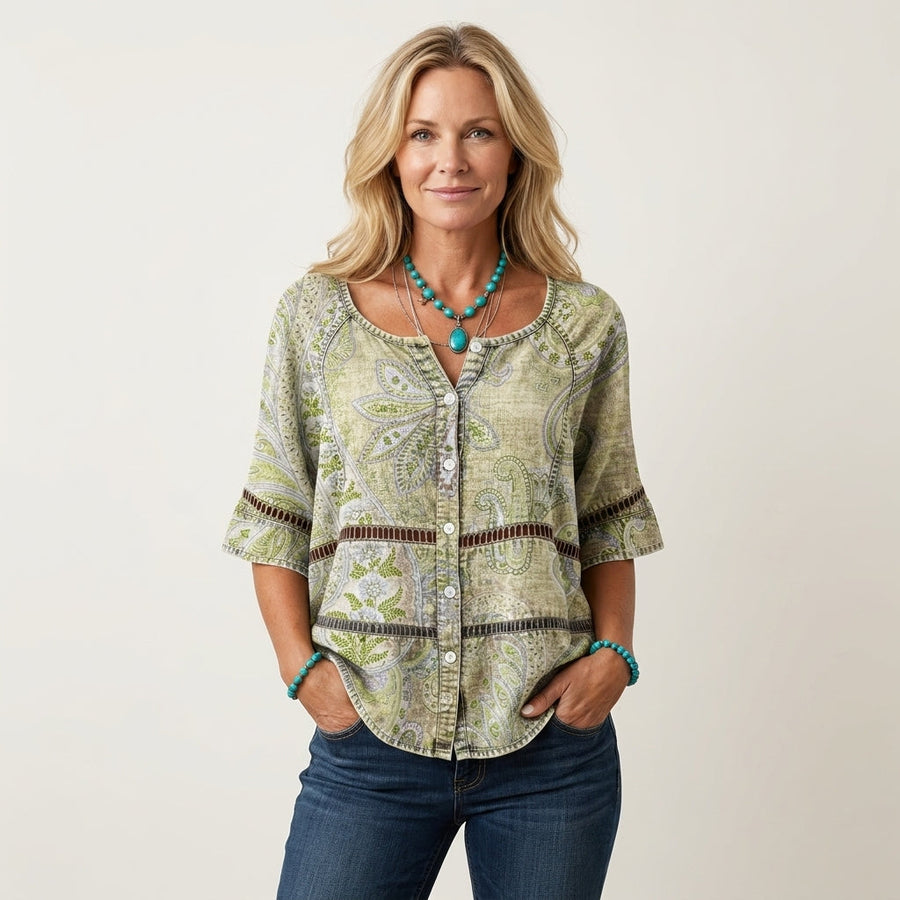 Arabella | Button-Front Three-Quarter Sleeve Blouse 22