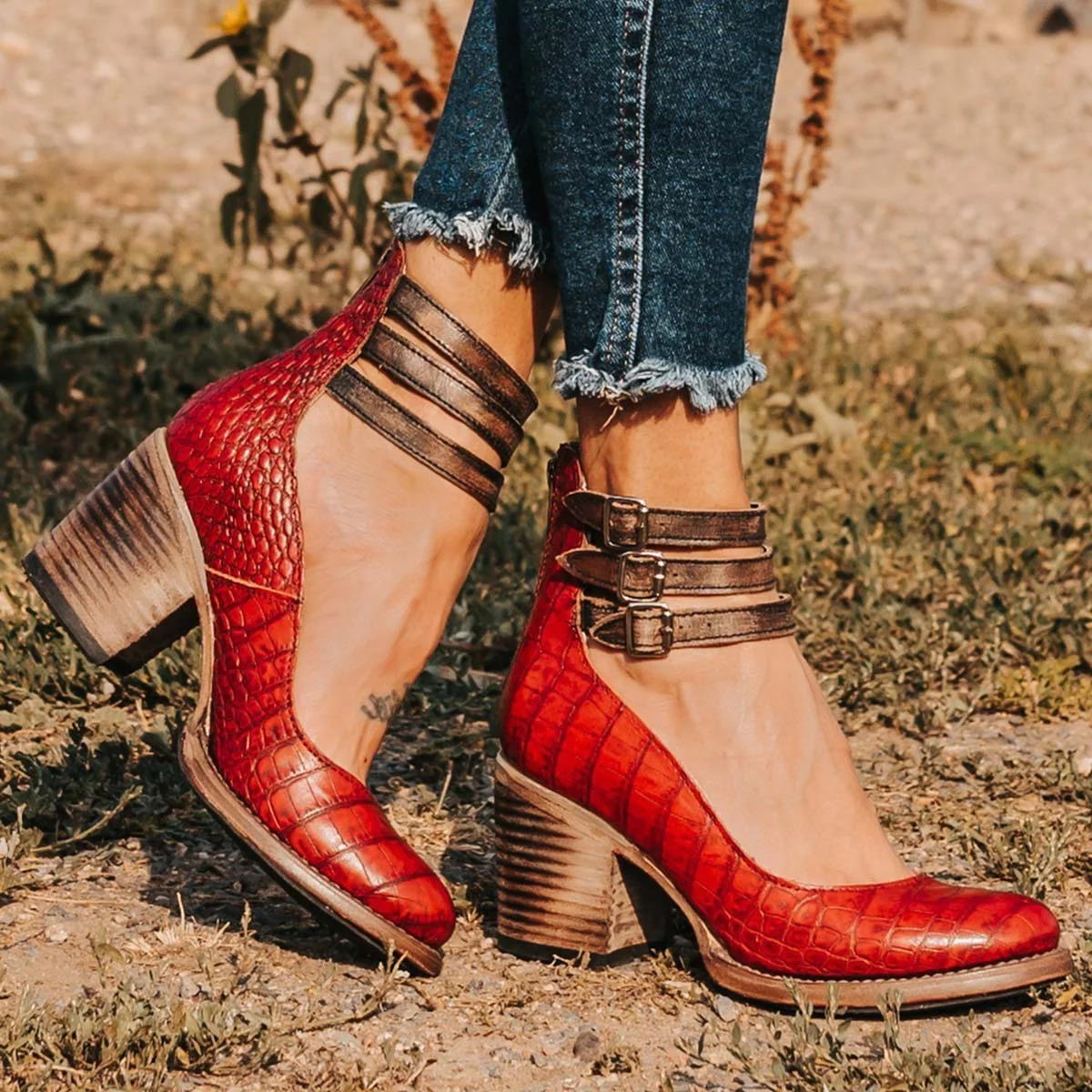 Sienna Triple-Buckle Leather Heel