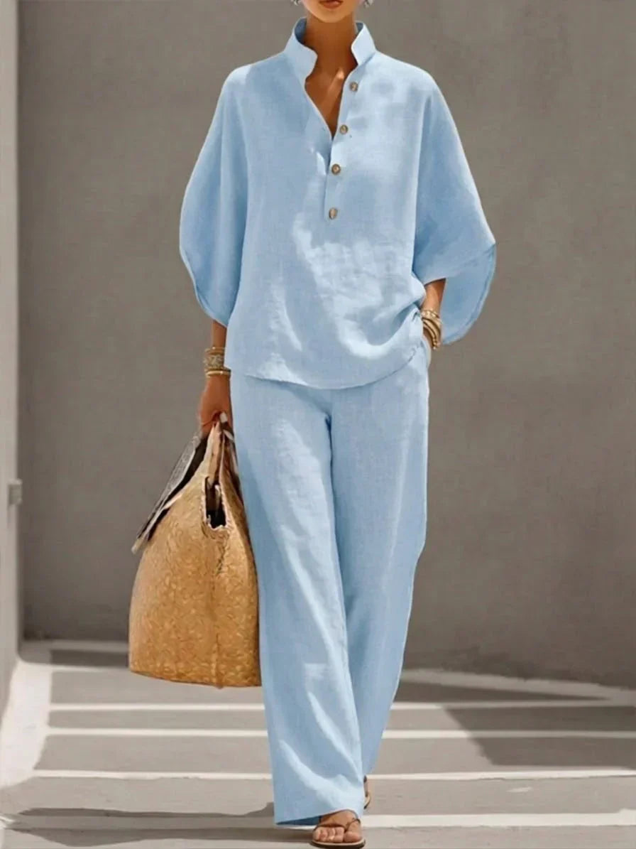 Maribel™ | Linen set with batwing sleeves and wide-leg pants