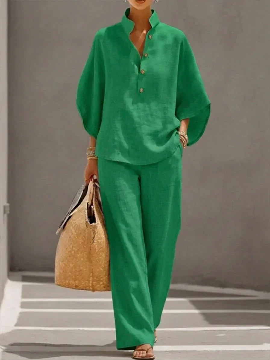Maribel™ | Linen set with batwing sleeves and wide-leg pants