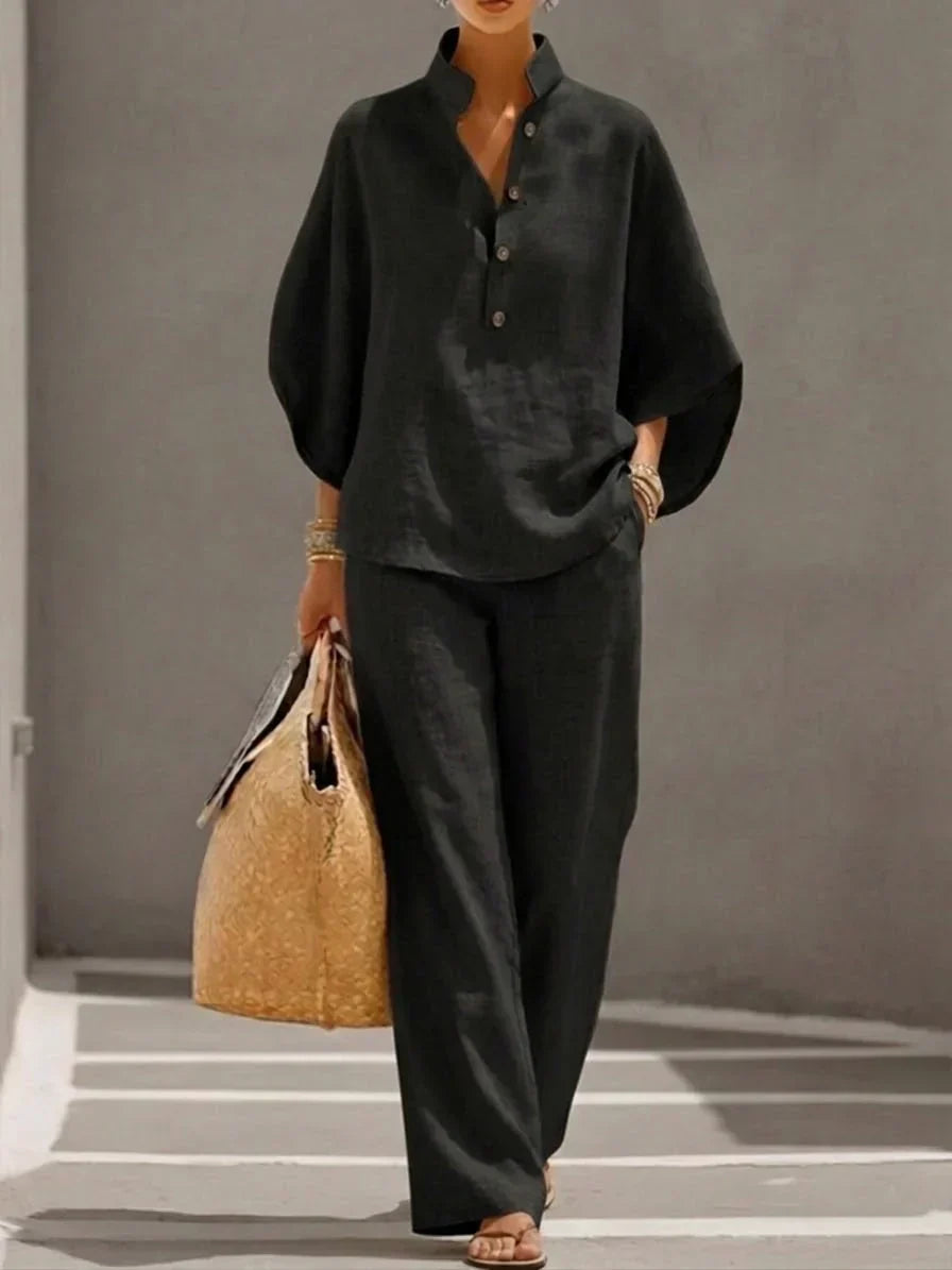 Maribel™ | Linen set with batwing sleeves and wide-leg pants