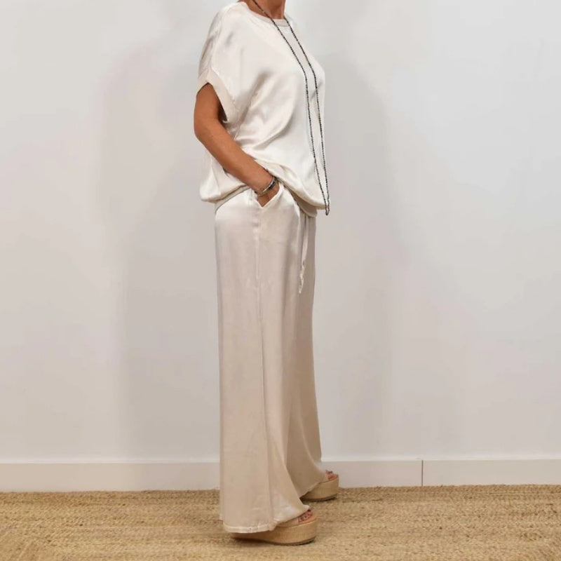 Elegant Satin Two-Piece Women's Set: Top And Wide-Leg Pants