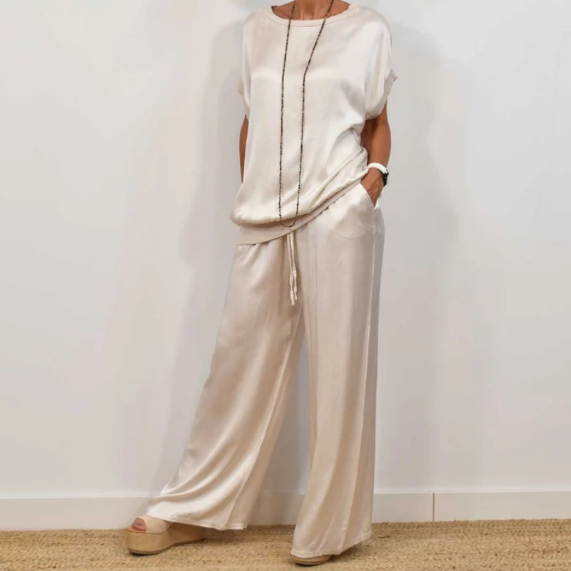 Elegant Satin Two-Piece Women's Set: Top And Wide-Leg Pants