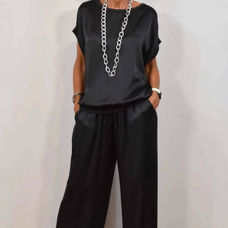 Elegant Satin Two-Piece Women's Set: Top And Wide-Leg Pants