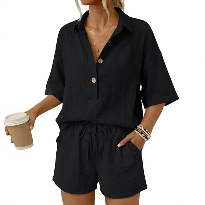 Casual Button-Front Shorts Set