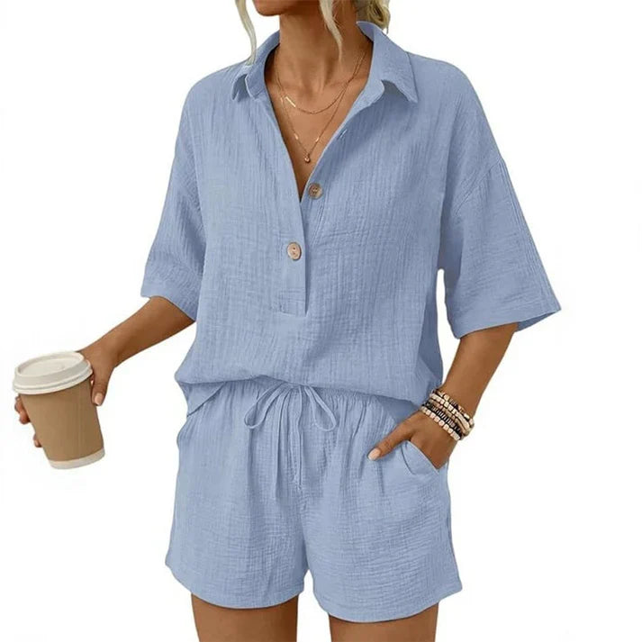 Casual Button-Front Shorts Set