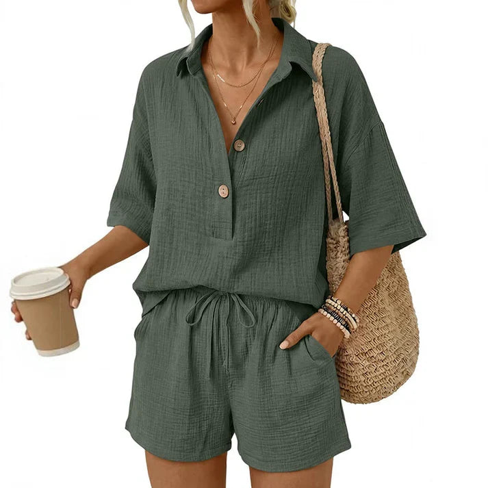 Casual Button-Front Shorts Set