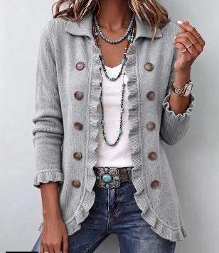 Teodora Heather Grey Ribbed Ruffle Jacket