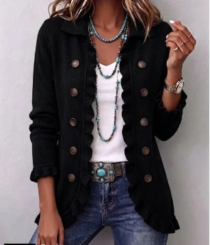 Zaira Black Ribbed Ruffle Jacket